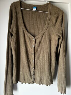 Ribbed Button-Front Women's long sleeve shirt- green